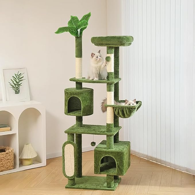 Hoopet 70-Inch Large Cat Tree for Multiple Cats Cat Tower with 2 Condos, Scratching Posts, Hammock & Platform, Plush Perch for Indoor Activity Relaxing Easy Assembly Green-Mewly Pet