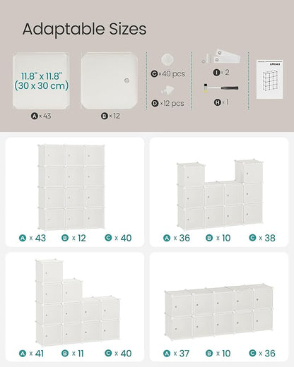 SONGMICS Cube Storage Organizer, Set of 12 Plastic Cubes, Closet Storage Shelves, DIY Plastic Closet Cabinet, Modular Bookcase, Shelving with Doors for Bedroom, Living Room, Cream White ULPC342W02