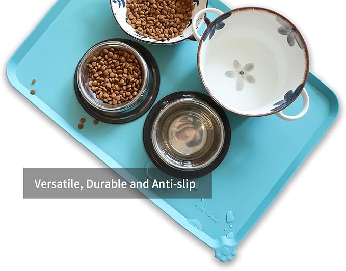 Hoki Found Large Silicone Pet Food Mats - Non Slip Bowl Placemats - Waterproof Dog Cat Food Mats For Floors - Glacier-Mewly Pet