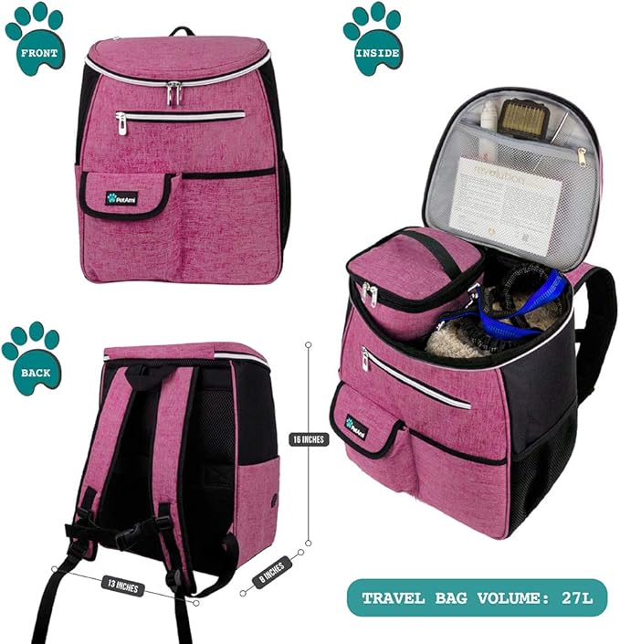 PetAmi Dog Travel Bag Backpack, Airline Approved Dog Bags for Traveling, Puppy Diaper Bag Supplies, Pet Camping Essentials Hiking Accessories Dog Mom Gift, Food Container, Collapsible Bowls, Pink-Mewly Pet