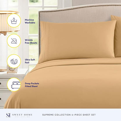 King Size Sheets - Breathable Luxury Bed Sheets with Full Elastic & Secure Corner Straps Built In - 1800 Supreme Collection Extra Soft Deep Pocket Bedding Set, Sheet Set, King, Camel