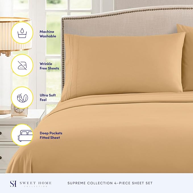 Queen Size Bed Sheets - Breathable Luxury Sheets with Full Elastic & Secure Corner Straps Built In - 1800 Supreme Collection Extra Soft Deep Pocket Bedding Set, Sheet Set, Queen, Camel