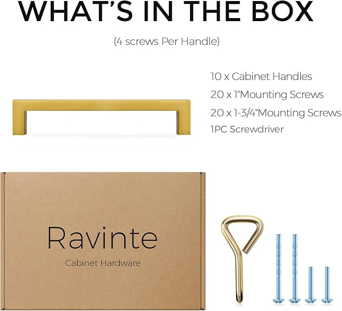 Ravinte 10 Pack Solid Gold Kitchen Cabinet Handles Slim Drawer Pulls with 5 Inch Hole Center Square Bar Cupboard Hardware