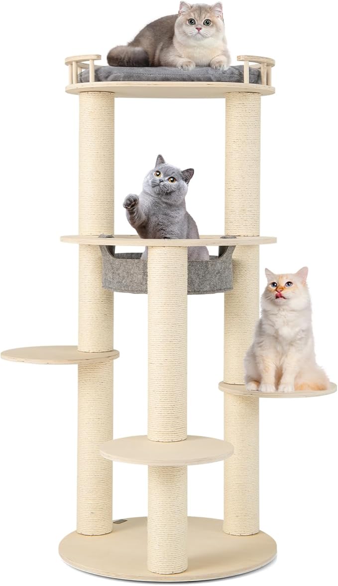 Tangkula Wood Cat Tree, 59 Inch Multi-Level Cat Tower with Top Padded Perch, Hammock, 3 Platforms & Sisal Scratching Posts, Large Modern Cat Tree Tower for Indoor Cats Kittens (59 Inch)-Mewly Pet