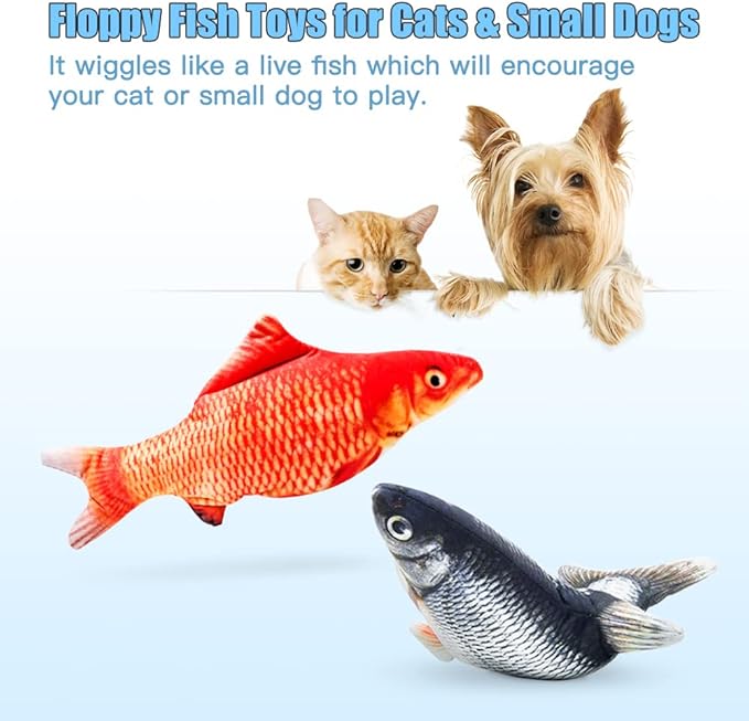 TOOGE 2 Pack 9" Floppy Fish Cat Toys with SilverVine and Catnip for Indoor Cats for Small Dogs Interactive Automatic Flopping Kicker Toys for Cats Puppy (Red Carp + Carp)-Mewly Pet