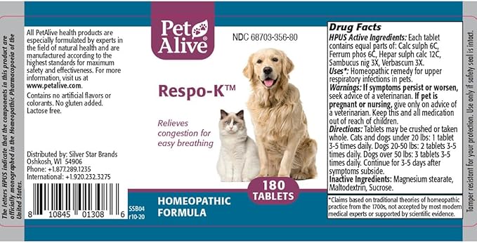 PetAlive Respo-K Tablets - Natural Homeopathic Formula for Pet Respiratory and Cold Symptoms - Reduces Sneezing, Coughing Watery Eyes, Runny Nose and Congestion in Dogs and Cats - 180 Tablets-Mewly Pet
