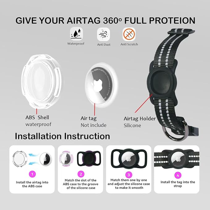 Reflective Dog Collar with Apple AirTag Holder & QR Code Pet ID Tag,Soft Nylon Adjustable Dog Tracker Collar with Safety Lock for Large Dogs(Black, L)-Mewly Pet