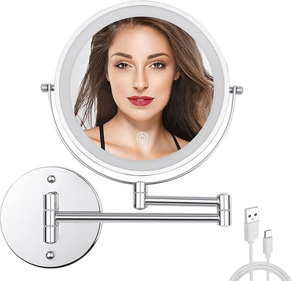 Wall Mounted Makeup Vanity Mirror with Lights, 8” Double Sided 1X/10X Wall Mount Magnifying Bathroom Shaving Mirror with 3 Color Lights, Rechargeable Touch Dimmable Extendable Cosmetic