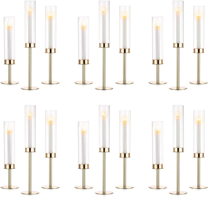 NUPTIO Gold Candlestick Holders Bulk: Set of 18 Glass Hurricane Taper Candle Holders - Decorative Candle Stick Stand for Fall Christmas Fireplace Dining Table Decor