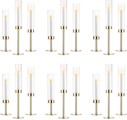 NUPTIO Gold Candlestick Holders Bulk: Set of 18 Glass Hurricane Taper Candle Holders - Decorative Candle Stick Stand for Fall Christmas Fireplace Dining Table Decor