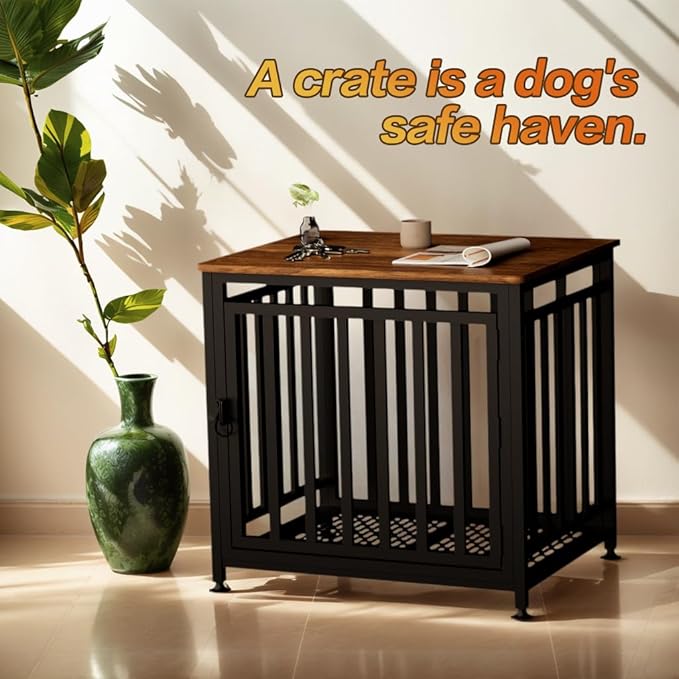 Dog Crate Furniture for Small Dogs, Dog Kennel Indoor, Anti-Chew Anti-Escape with Bed Crate Pad End Side Table Wooden Dog Crate,Steel-Tube Dog Cage, Rustic Brown-Mewly Pet