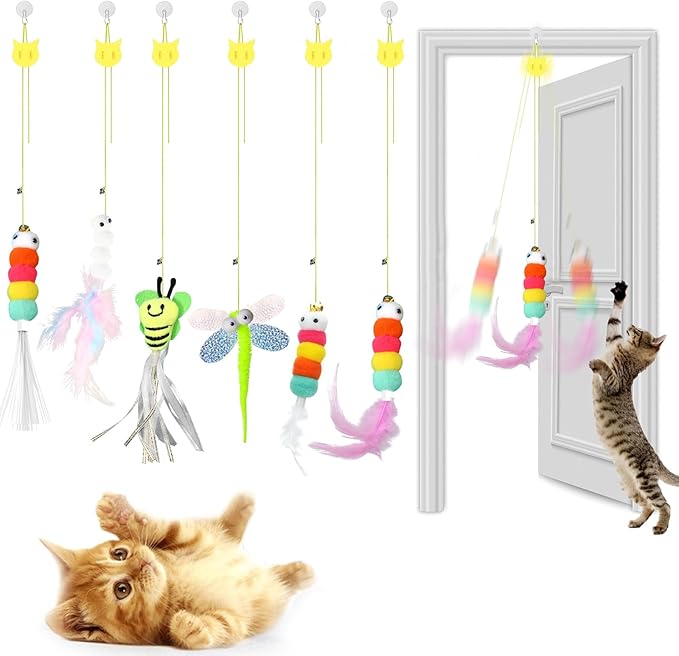 Kitten Toys 6 Pcs Interactive Feather Cat Toys, Cat Teaser Retractable Indoor Cat Toys Self Play Hanging Cat Toy,Cat Toy Indoor Kitten Play Chase Fun Exercise, Mental Physical Stimulation-Mewly Pet