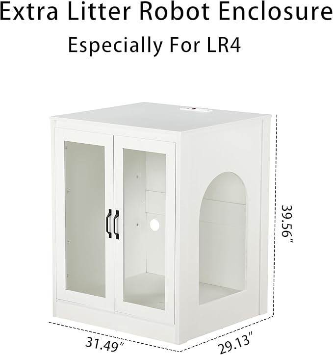Cat Litter Robot Enclosure with Cat-Observant Glass Doors,Litter Robot Cabinet with Cozy LED for Cats,Reversible and Optional Entry(Left or Right),Power Outlet for More Choice, (White)-Mewly Pet