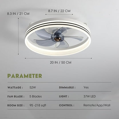 Ceiling Fans with Lights, Flush Mount Ceiling Fan with Lights and Remote, 6 Wind Speeds Smart Low Profile Ceiling Fan for Bedroom, Dining Room and Kitchen 20" (White)