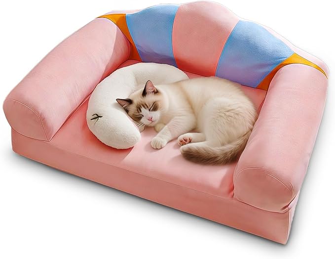 Cute Cat Couch with Soft Pillow, Supportive Dog Couch, Cat Sofa with Removable Cover，Cute Rainbow Shaped, 24 Inch-Mewly Pet