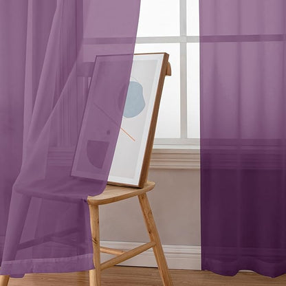 Aiyufeng Plum Purple Sheer Curtains 63 Inches Long 2 Panels Set, Solid Voile Top Dual Rod Pockets Stylish Breathable Drapes Window Treatment for Kid's Room/Bedroom/Living Room, 40W x 63L inches