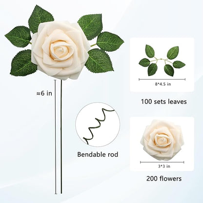JOYLEX Artificial Flowers Realistic Roses, Real Looking Fake Roses with Stem for DIY Wedding Bouquets Centerpieces Bridal Shower Party Home Romantic Decorations (Champagne, Regular 3" - 200pcs)