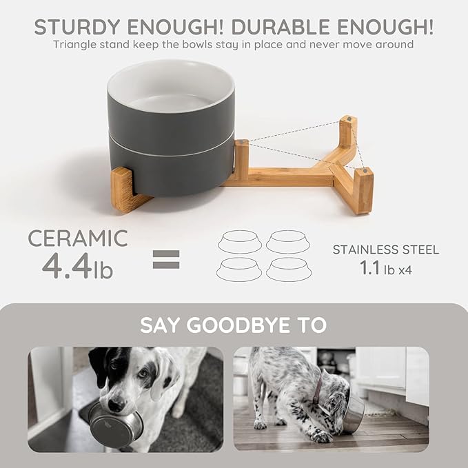SPUNKYJUNKY Ceramic Dog and Cat Bowl Set with Wooden Stand, Modern Cute Weighted Food Water Set for Small Size Dogs (13.5OZ) & Medium Sized Dogs (28.7OZ) & Cats (3.6 Cups, 2 × White-Grey)-Mewly Pet