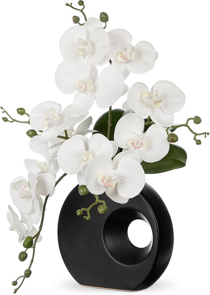 Briful Artificial Orchid Flowers in Black Modern Ceramic Vase 15.7" Tall White Faux Orchid Arrangement Silk Orchid Flower Fake Orchid Centerpiece for Home Office Room Wedding Table Décor