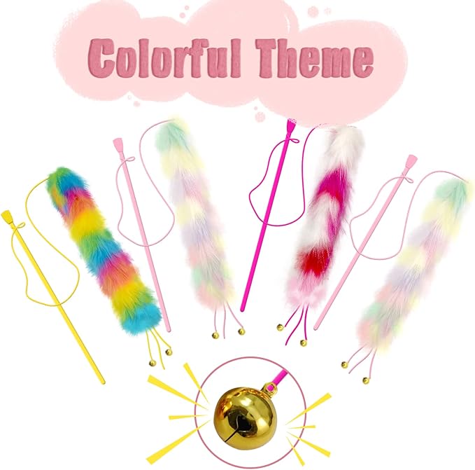 4 Pack Cat Wand Toy, Rainbow Cat Feather Toys with Bells, Teaser Wand with Soft Furry Tail, Interactive Toys for Indoor Cats & Kitten & Kitty-Mewly Pet