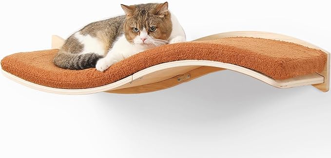 Cat Wall Shelves for Large Cats - Wall Mounted Furniture with Comfortable Cushion, Perfect Perch and Bed for Multi-Cat Households - 35 inch Wavy Shelf for Climbing, Playing, Resting, and Lounging-Mewly Pet