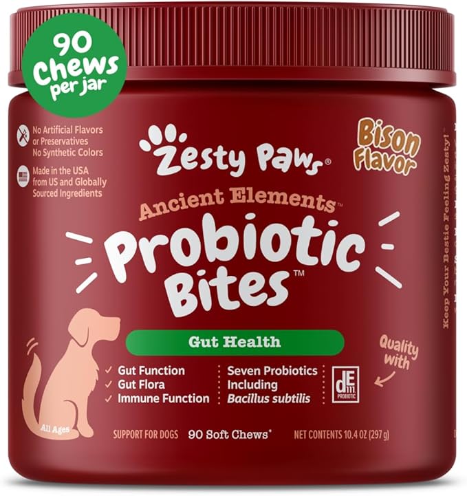 Zesty Paws Probiotics for Dogs, Digestive Enzymes Gut Flora, Digestive Health, Diarrhea & Bowel Support, DE111, Dog Probiotics Soft Chew for Pet Immune System, Chicken, 90 Ct-Mewly Pet