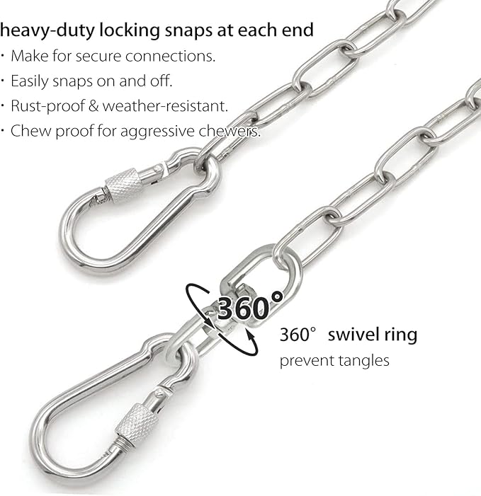 15 ft Dog Chains for Outside - Heavy Duty Tie Out Chain Leash Great for Small to Large Dogs Up to 200Lbs - Chew Proof Long Chain for Yard Camping or Travel (15ft Without Spring)-Mewly Pet