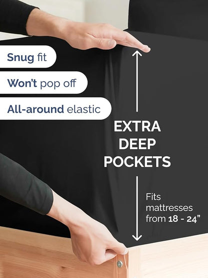Extra Deep Twin Sheet Set - 4 Piece Breathable and Cooling Sheets - Hotel Luxury Bed Sheets Set - Easy & Secure Fit - Soft, Wrinkle Free and Comfy Sheets Set - Black Sheet Set with Extra Deep Pockets