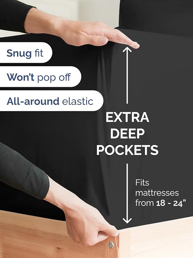 Extra Deep Twin XL Sheet Set - 4 Piece Breathable & Cooling Sheets - Hotel Luxury Bed Sheets Set - Easy & Secure Fit - Soft, Wrinkle Free & Comfy Sheets Set - Black Sheet Set with Extra Deep Pockets