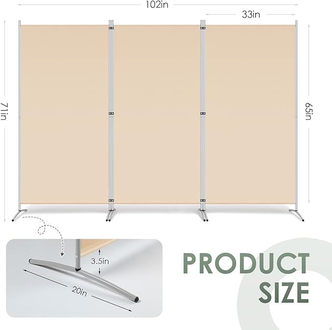 RANTILA 3 Panel Room Divider, 6 Ft Tall Folding Privacy Screen Freestanding Room Partition Wall Dividers, 102''W x 20''D x 71''H, Beige