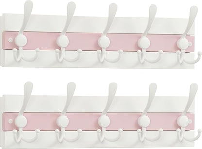 SKOLOO Coastal Wall Mounted Coat Rack - 17" Beach House Entryway Wooden Coat Hook with 5 Hooks for Hanging Coats, Hats or Towels, Oceanfront Cottage Core Collection, White & Palm Beach Pink, Pack of 2