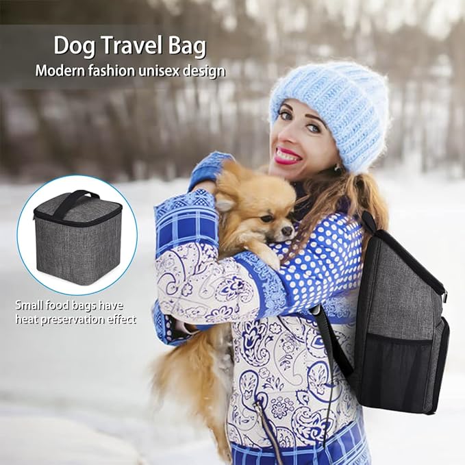 BAGLHER丨Dog Travel Bag, Airline Approved Pet Supplies Backpack, Dog Travel Backpack Accessories Set with 2 Silicone Collapsible Bowls and 2 Food Baskets, Gray-Mewly Pet