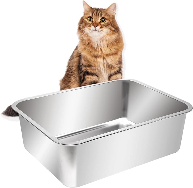 Kichwit Extra Large Stainless Steel Open Cat Litter Box with High Sides, Metal Litter Pan for Cat, 23.6 x 15.7 x 5.9 Inches-Mewly Pet