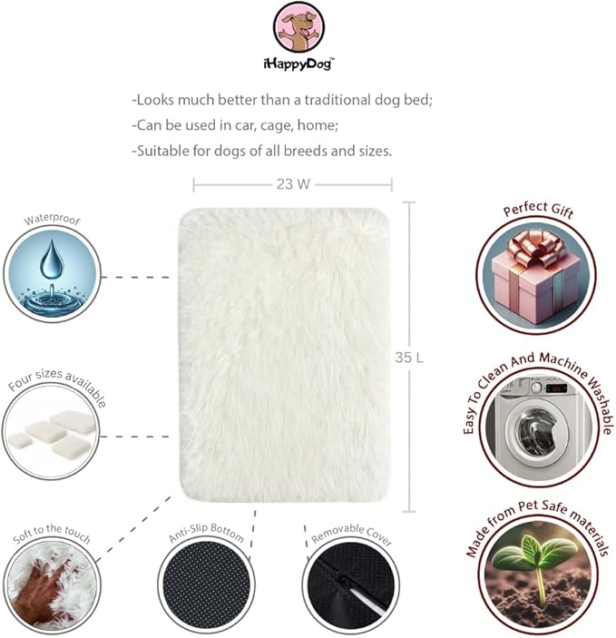 IHAPPYDOG Luxury Faux Fur Orthopedic Dog Beds, Memory Foam Crate Bed for Small, Medium, Large and XL Pets, Fluffy Pet Bed with Waterproof and Washable Cover, Fits Crates (White, 35" x 23")-Mewly Pet