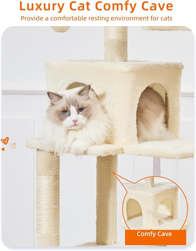 Taoqimiao Cat Tree, 68-Inch Cat Tree Cat Tower for Indoor Cats, Plush Multi-Level Cat Condo with 6 Scratching Posts, 2 Perches, 2 Caves,Hammock, 3 Pompoms,MS020SM Beige-Mewly Pet