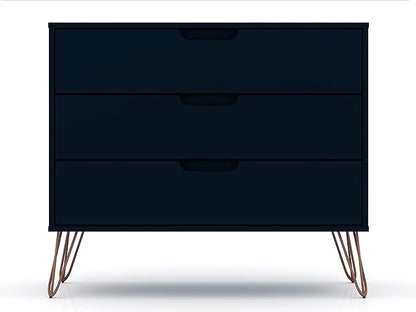 Manhattan Comfort Rockefeller 3 Drawer Dresser for Bedroom Storage, Nursery, Closet, Living Room, Entryway, TV Stand for Screens up to 32 Inches, Anti-Tip Kit Included, Set of 2, Midnight Blue