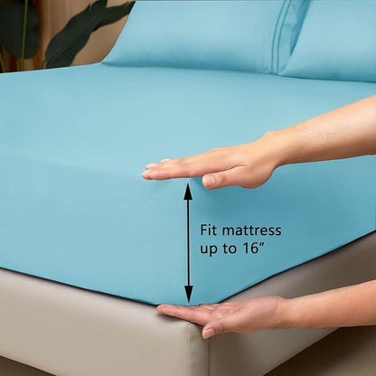 Mejoroom Queen Size Sheet Set - Hotel Luxury 1800 Bedding Sheets & Pillowcases - Deep Pocket Fitted Sheet, Soft, Breathable, Wrinkle & Fade Resistant - 4 Piece (Queen, Baby Blue)