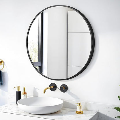24" Round Mirror Circle Wall Mounted Hanging or Against Wall Metal Frame Dressing Make-up Mirrors for Entryway Bedroom Bathroom Living Room 24 inch Black