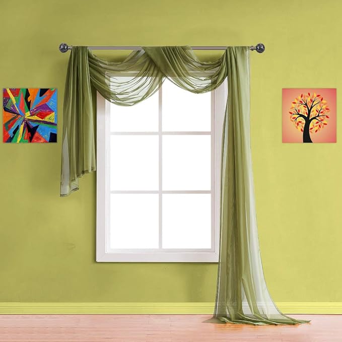 Warm Home Designs 30 Feet Long Sheer Sage Green Window Scarf. These XXL Length Valance Window Scarves 54 X 360 Inches in Size. Great as Bed Canopy or Wedding Arch Draping Fabric. AM Sage 360"