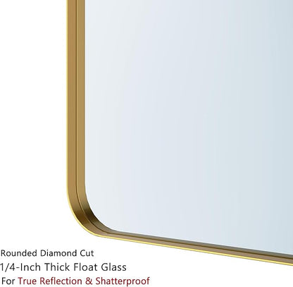 VocalStar Gold Bathroom Mirror for Wall, 24 x 36 Inch Metal Framed Rounded Rectangle Vanity Mirror Modern Farmhouse, 1/4-inch Shatterproof Glass | Ultra-Flush Hanging
