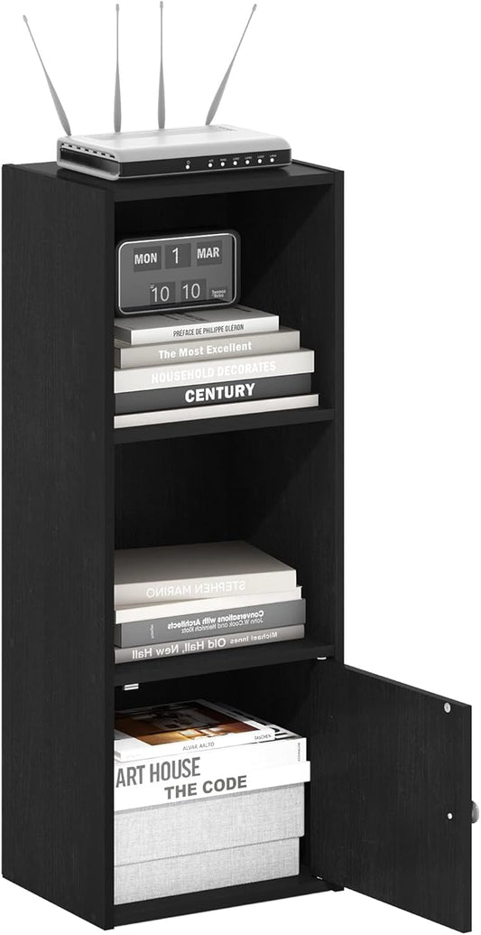 Furinno LUDER Book Shelf, 3-Tier Modern Bookshelf, Bookcase with 1 Door Storage Cabinet, 9.3" x 12" x 31.5", for Living Room, Bedroom, Home Office, Blackwood