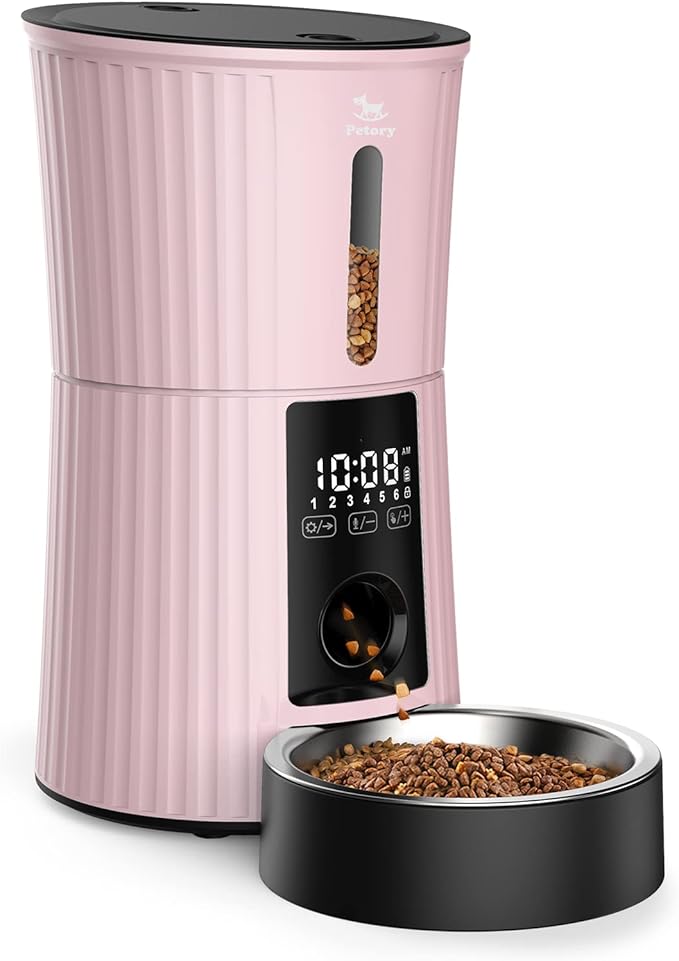 Petory Timed Automatic Cat Feeders - 4L Programable Dry Food Dispenser for Cats and Small Medium Dogs 6 Meals with Desiccant Bag Dual Power Supply 10S Voice Recorder-Mewly Pet