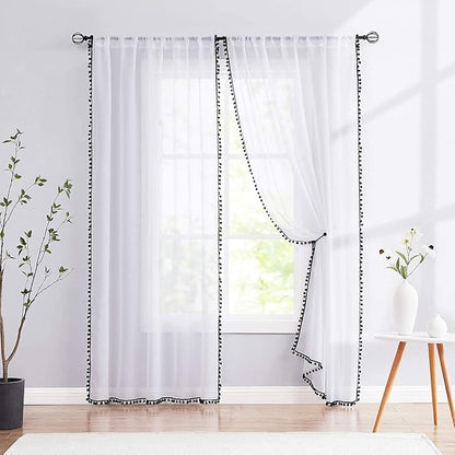 Treatmentex White Sheer Curtains Black Pompoms 63" inches Long Window Draperies for Boy's Room Bed Canopy 2 Panels Rod Pocket