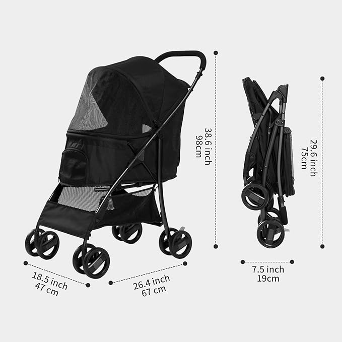 Sunny Sonny Foldable Jogger Pet Stroller with Weather Cover Storage Basket Pet Travel Carrier for S/M Dogs Cats up to 33lbs (Black)-Mewly Pet