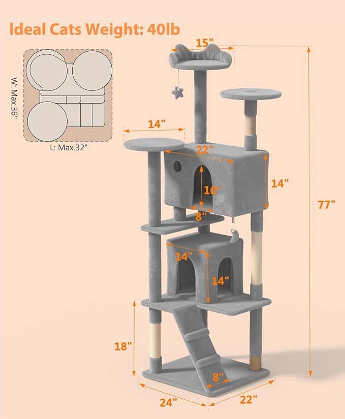 77'' Cat tree Tower for Indoor Cats Large Adult,Cute/Tall Modern Cat Tree for Big Cats 20 lbs,Plush Multi-Level Cat Condo with Scratching Posts,Dangling Ball for fun play(Light Gray, 77 inch)-Mewly Pet