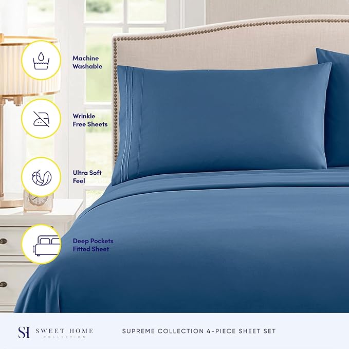 Full Size Sheet Sets - Breathable Luxury Sheets with Full Elastic & Secure Corner Straps Built In - 1800 Supreme Collection Extra Soft Deep Pocket Bedding, Sheet Set, EXTRA DEEP pocket - Full, Denim
