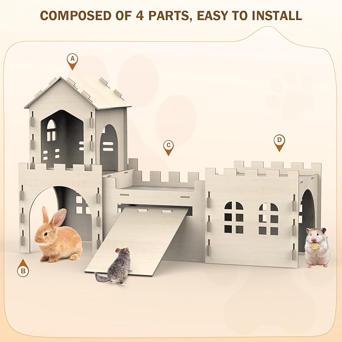 Large Bunny House and Hideouts, Wooden Dual-Layer Rabbit Castle with Stair, Rubber Band-Free Setup - Chew-Proof, Sturdy Habitat for Guinea Pig Chinchilla Ferret (Rabbit House)-Mewly Pet