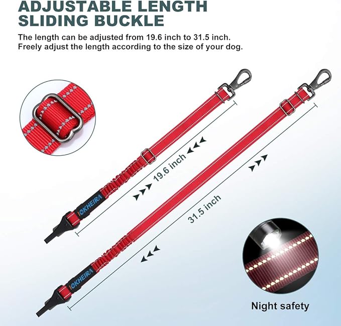 IOKHEIRA Dog Seat Belt 3-in-1 Car Harness for Dogs Adjustable Safety Seatbelt for Car Durable Nylon Reflective Bungee Fabric Tether with Clip Hook Latch & Buckle, Swivel Zinc Alloy Carabiner Red-Mewly Pet