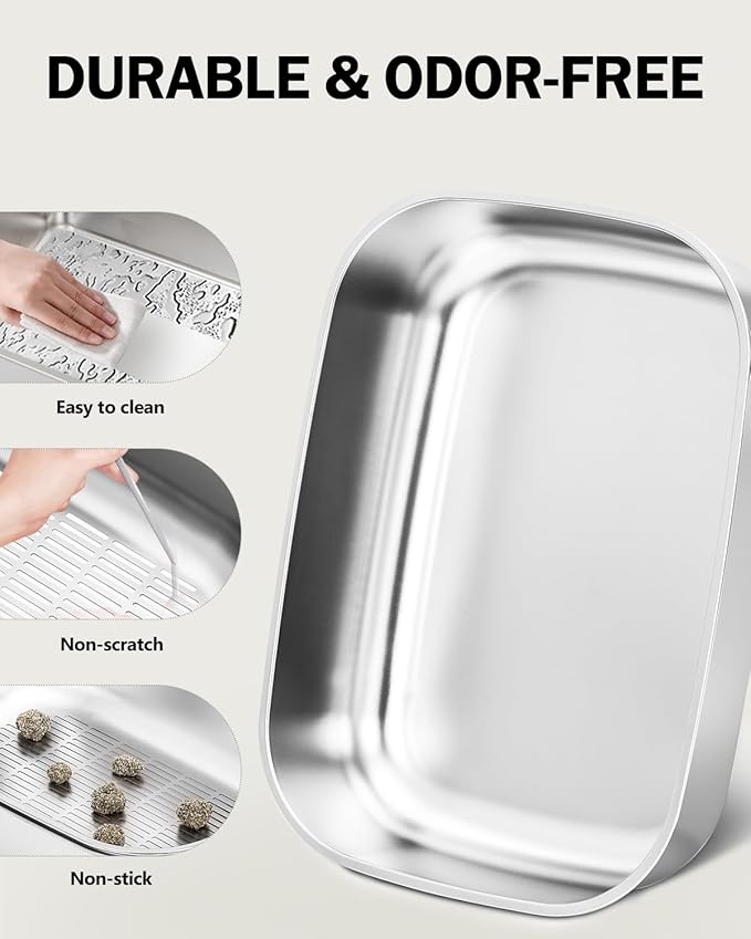 Stainless Steel Sifting Litter Box with Lid, Metal Litter Pan Tray with Scoop for Big Cats & Multi Cat, Extra Large Cats Litterbox Odor Control, Easy Clean (with Enclosure & Step, X-Large)-Mewly Pet