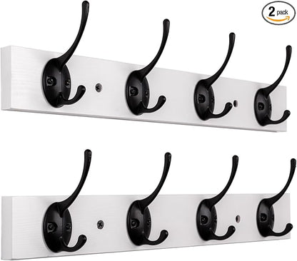 Coat Hooks Wall Mounted, Wooden Hat Rack with 4 Hooks for Entryway, Bathroom,Bedroom(2 Pack,White)